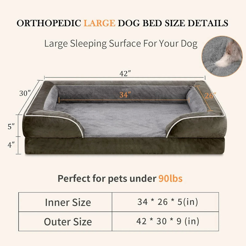 XL Dark Green Dog Bed Extra Large Waterproof Orthopedic Foam Bolster Washable Sofa Pet Removable Cover Non-Slip Bottom Plush